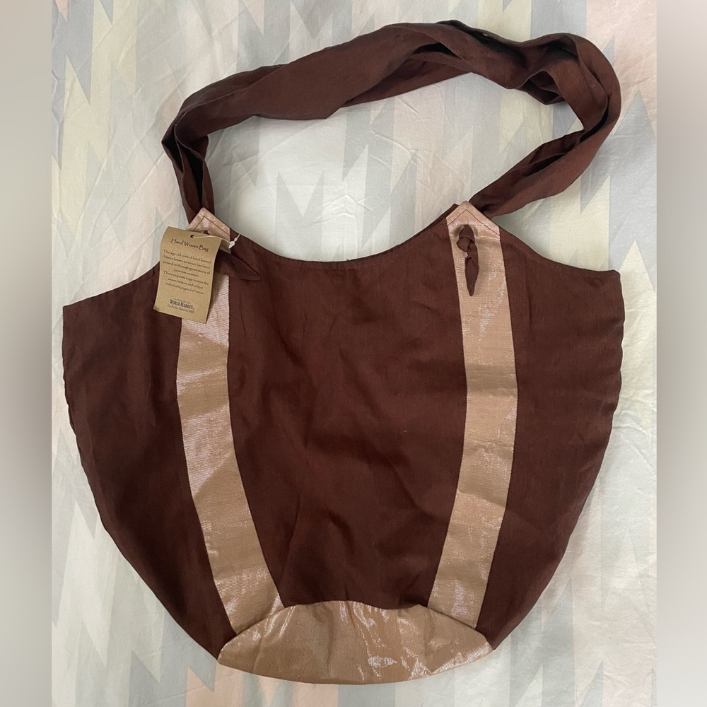 World Market Hand Woven Brown Bag with shimmery stripes